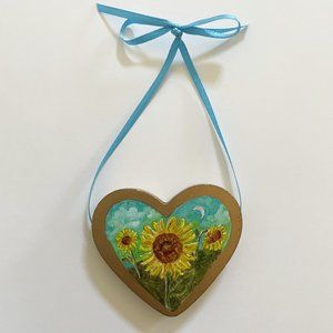 "SUNFLOWERS" Hand Painted Heart Ornament Art Wall Decor Oil Painting SIGNED